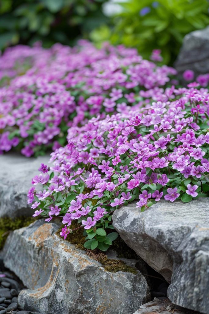 Mat-forming aubrieta with masses of small flowers in purple, and pink blooming in a sunny to partially shaded garden.