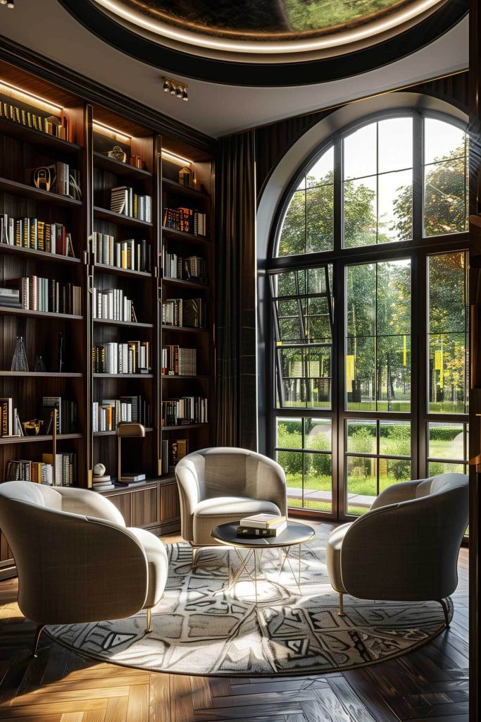 Glamorous library with art deco elements like geometric patterns and luxurious materials.