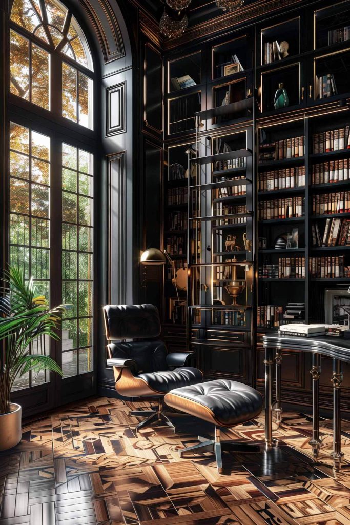 Glamorous library with art deco elements like geometric patterns and luxurious materials.