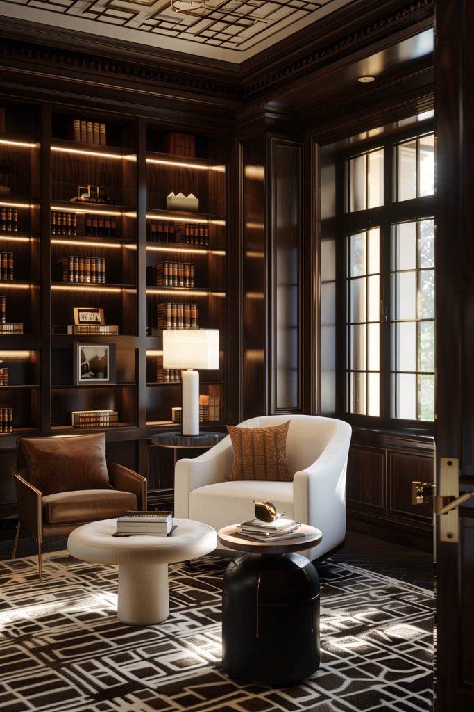 Glamorous library with art deco elements like geometric patterns and luxurious materials.