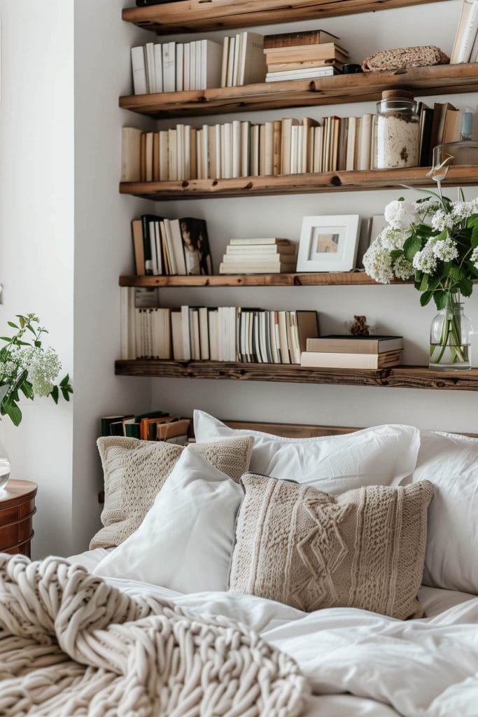 Rustic wooden shelves filled with books, plants, and decor items creating a cozy and organized space in a bedroom.