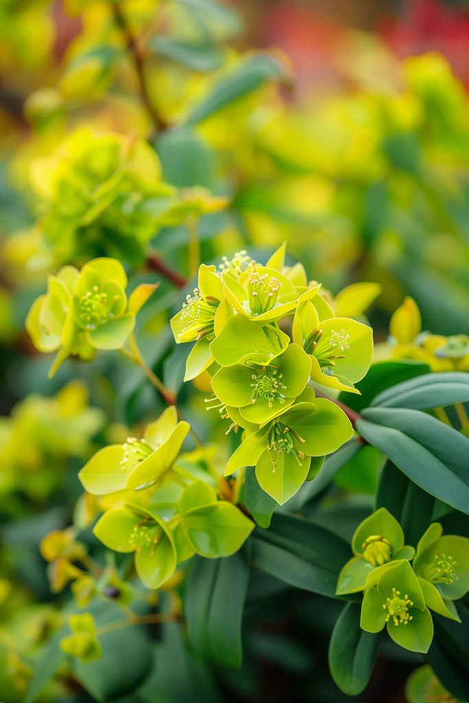 Unique euphorbia flowers and colorful foliage in shades of green,and yellow, blooming in a sunny to partially shaded garden.