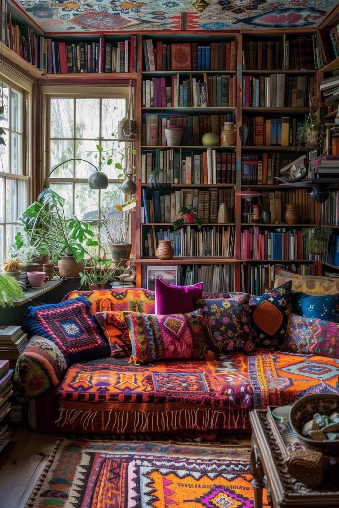 Eclectic decor, colorful textiles, and a mix of patterns creating a vibrant bohemian library.Eclectic decor, colorful textiles, and a mix of patterns creating a vibrant bohemian library.