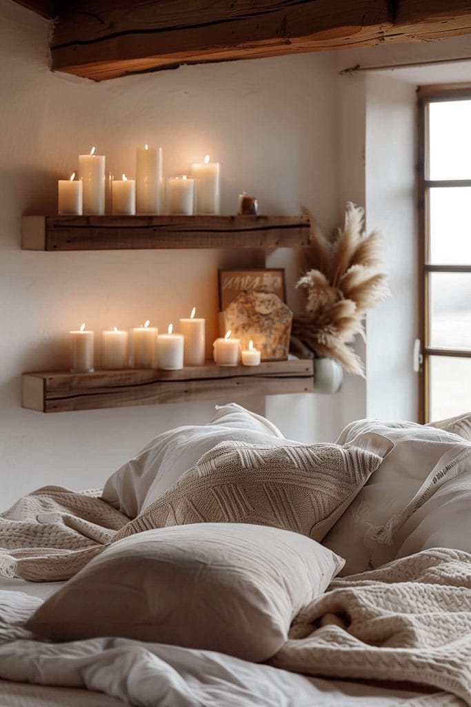 Beeswax candles providing natural fragrance and soft lighting in a bedroom.