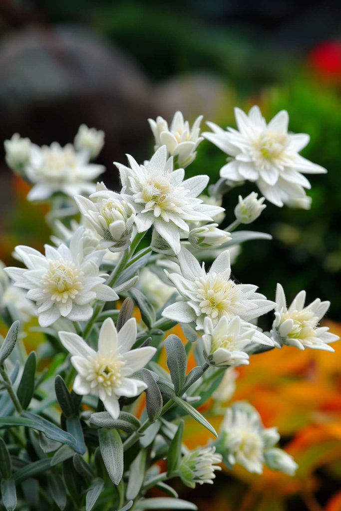 Star-shaped white flowers of leontopodium with woolly, silver foliage blooming in a sunny, well-drained garden.