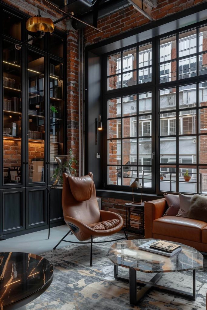 Combination of metal and exposed brick elements with chic decor in an urban library.