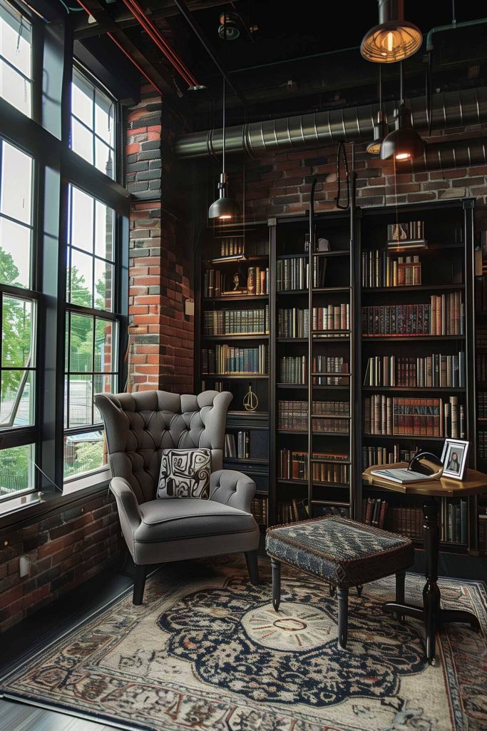 Combination of metal and exposed brick elements with chic decor in an urban library.