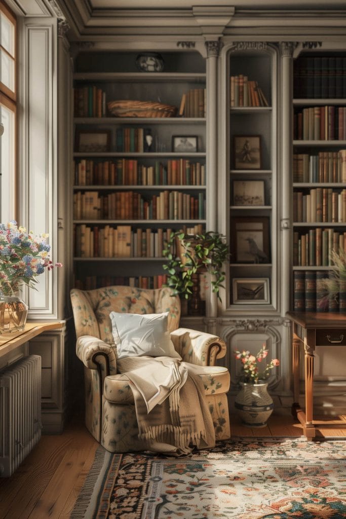 Distressed wood, vintage decor, and pastel colors creating charm in a French country-style library.