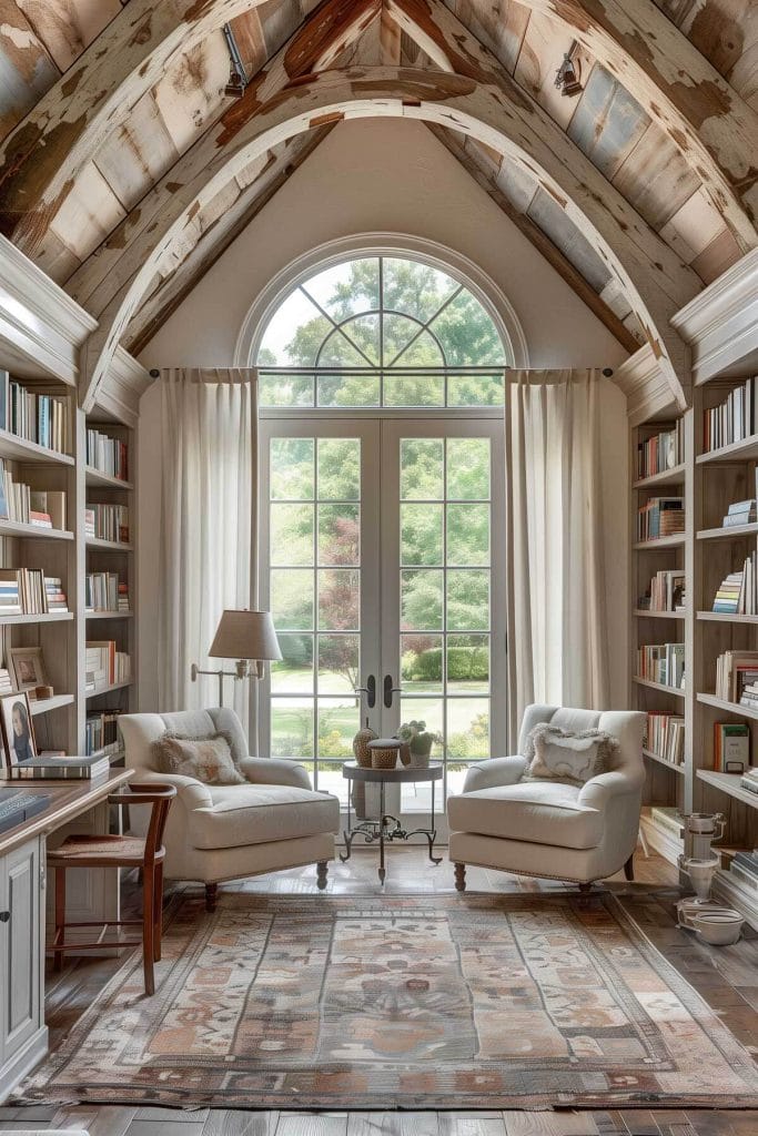 Distressed wood, vintage decor, and pastel colors creating charm in a French country-style library.