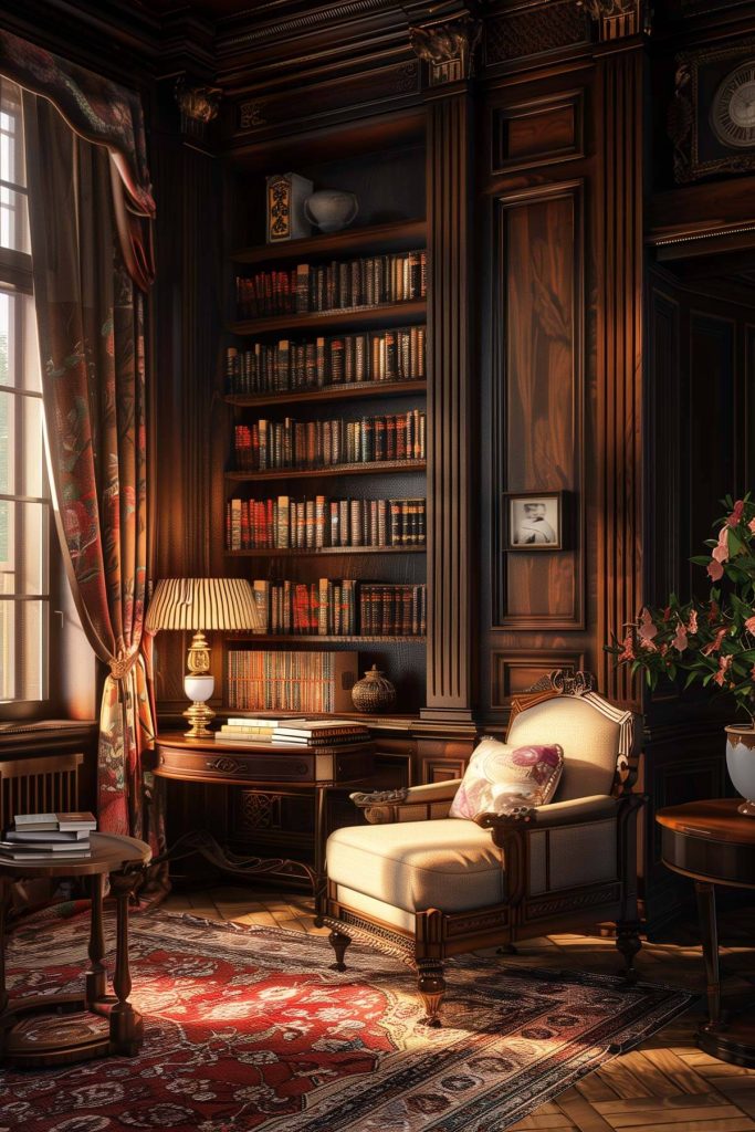 Plush furniture, rich colors, and classic decor creating a sophisticated library.