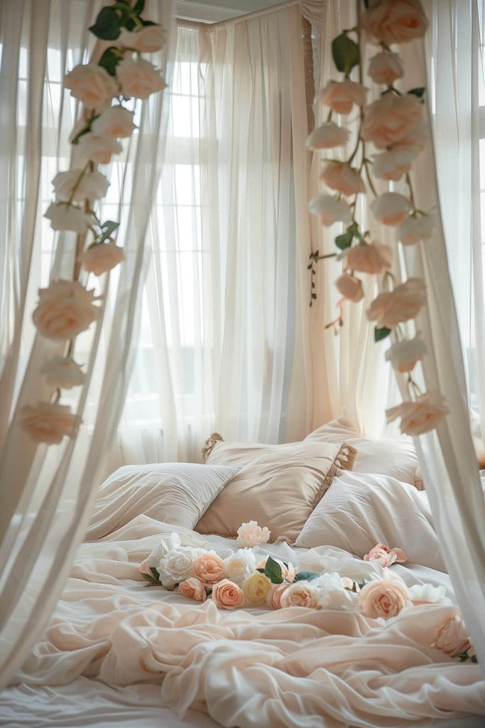 Artificial flower garlands decorating a bedroom adding a perpetual bloom and charm.