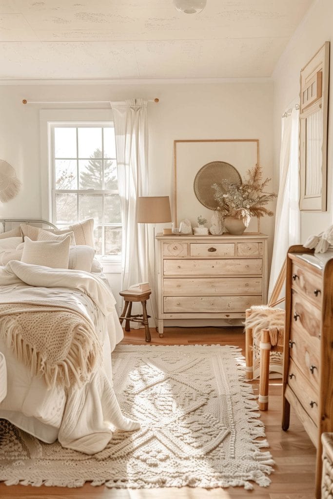 Mismatched, eclectic furniture pieces creating a charming, collected look in a bedroom.