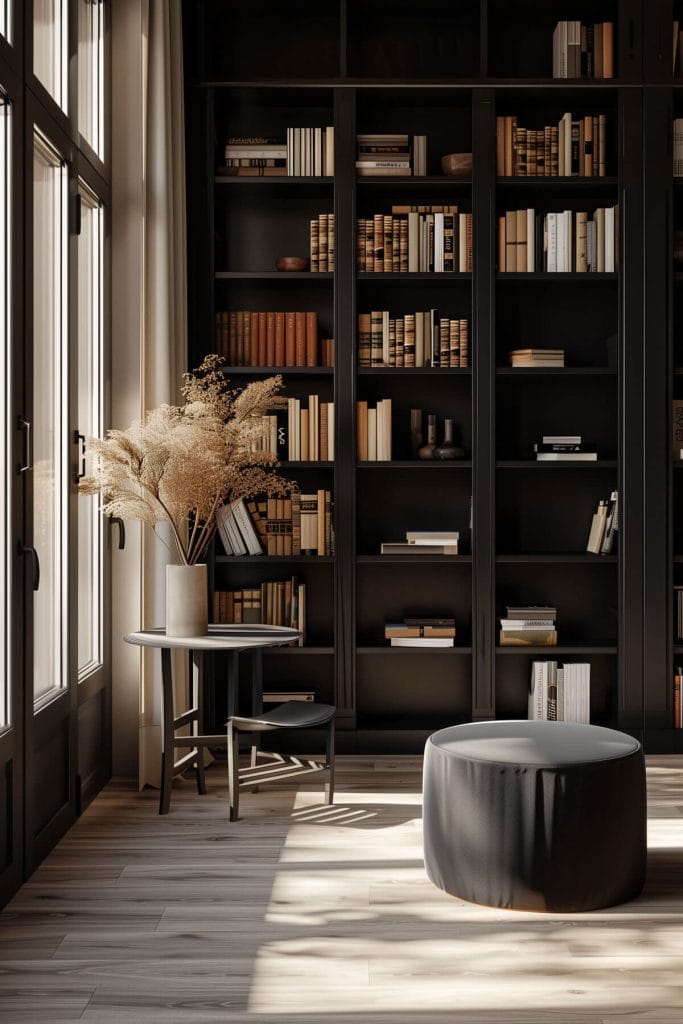 Sleek black shelving units in a sophisticated library making books stand out.