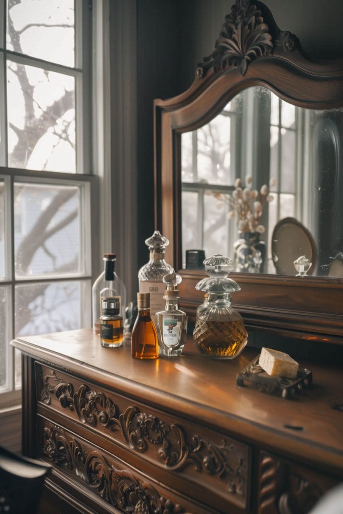 Vintage perfume bottles displayed on a dresser adding old-fashioned glamour to a bedroom