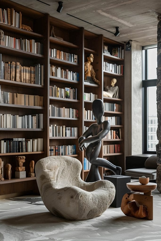 Gallery-like library with bookshelves integrated with modern art pieces and sculptures.