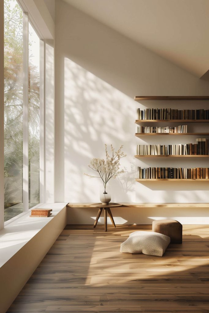 Clean lines and modern, open shelving creating a minimalist library look.