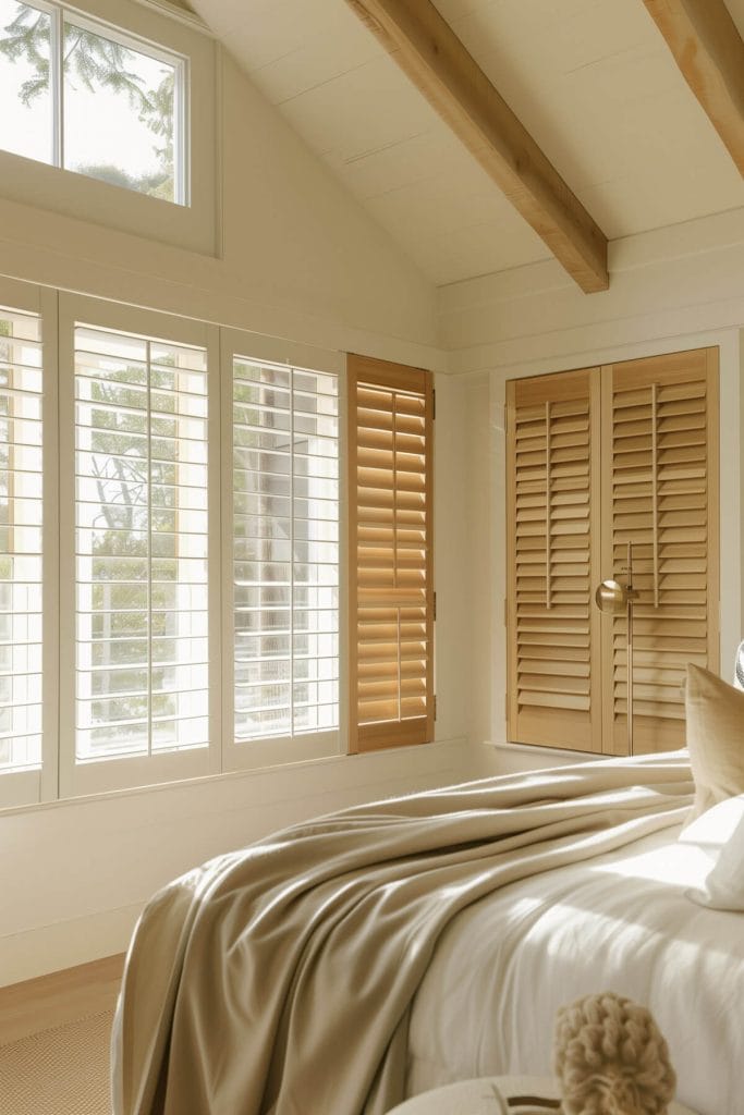 Wooden shutters installed on bedroom natural light from windows, light and airy, providing a classic cottage feel.