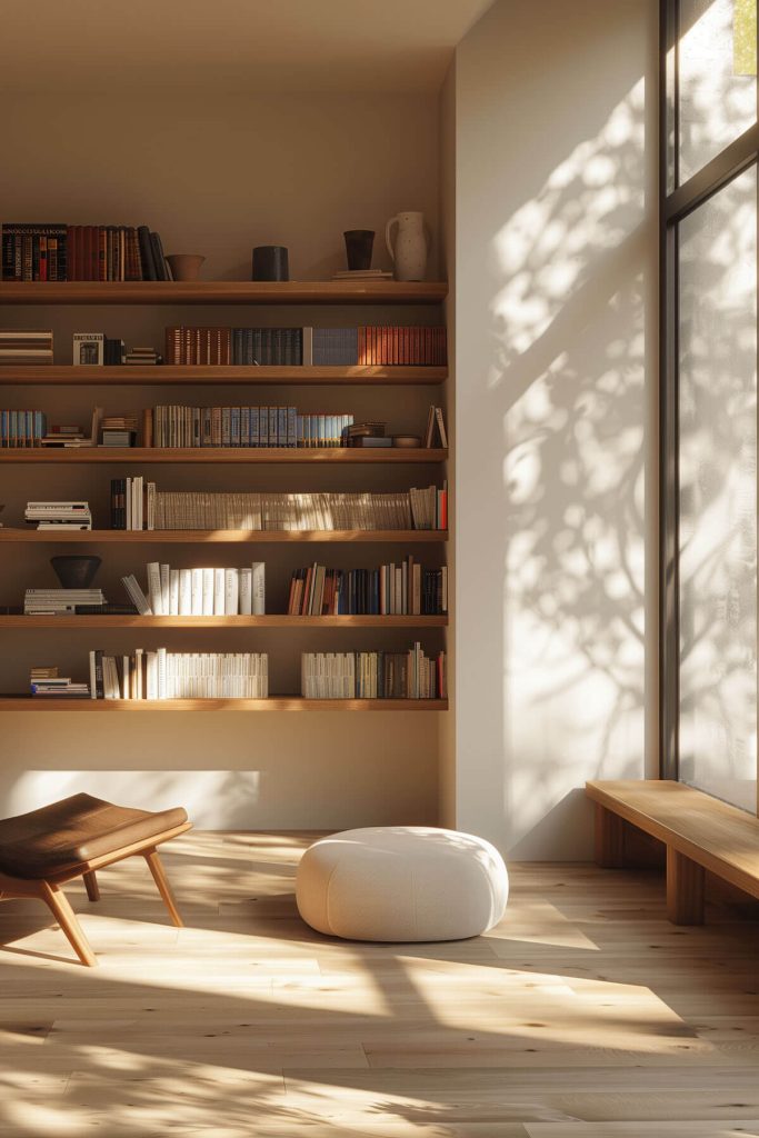 Clean lines and modern, open shelving creating a minimalist library look.