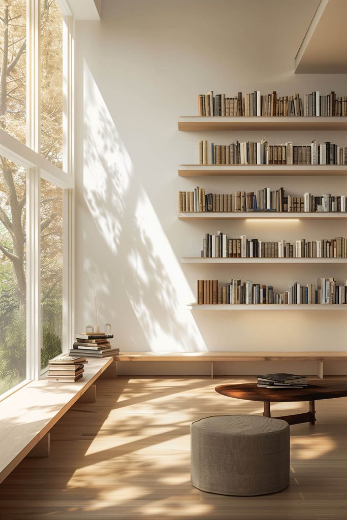 Clean lines and modern, open shelving creating a minimalist library look.