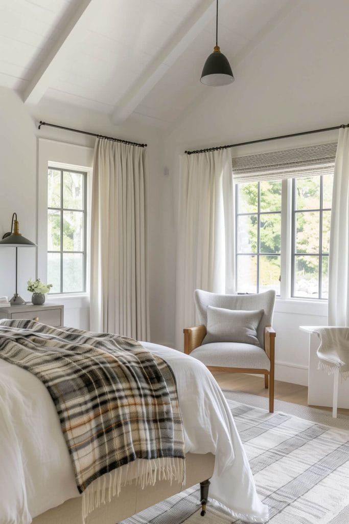 Plaid blankets draped over a bed and chairs adding a cozy, country-inspired look to a bedroom.