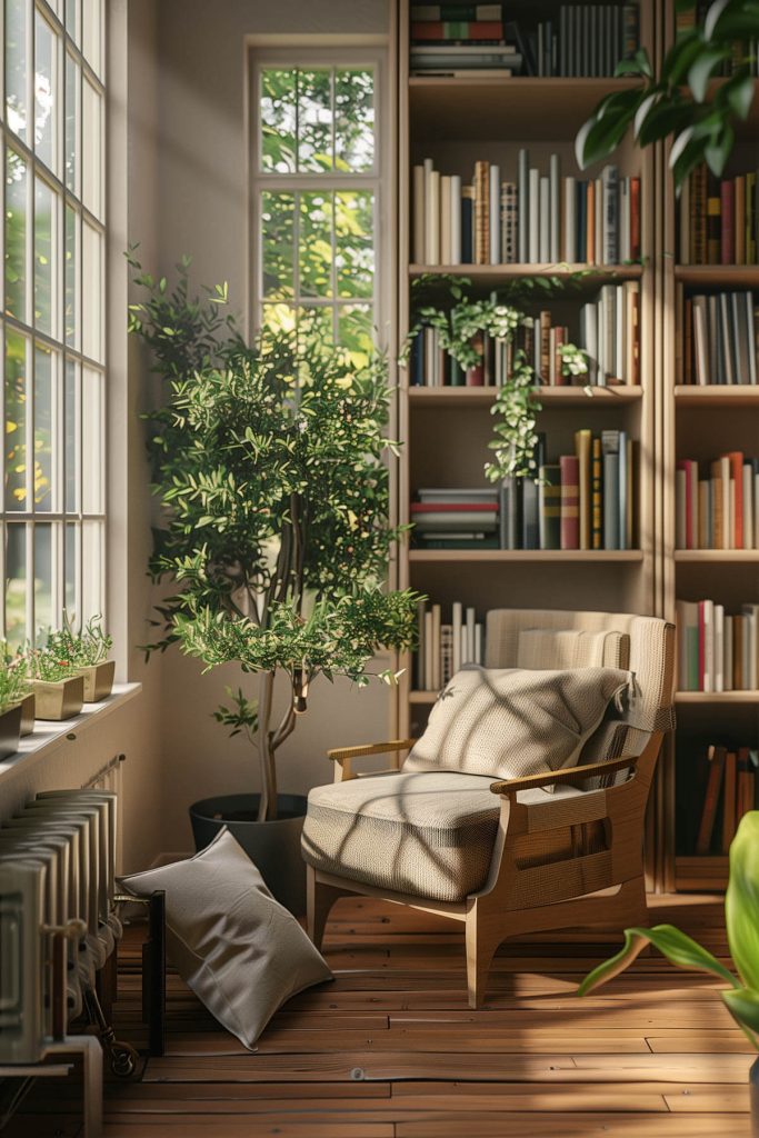 Indoor plants mixed among bookshelves bringing nature into a cozy library.