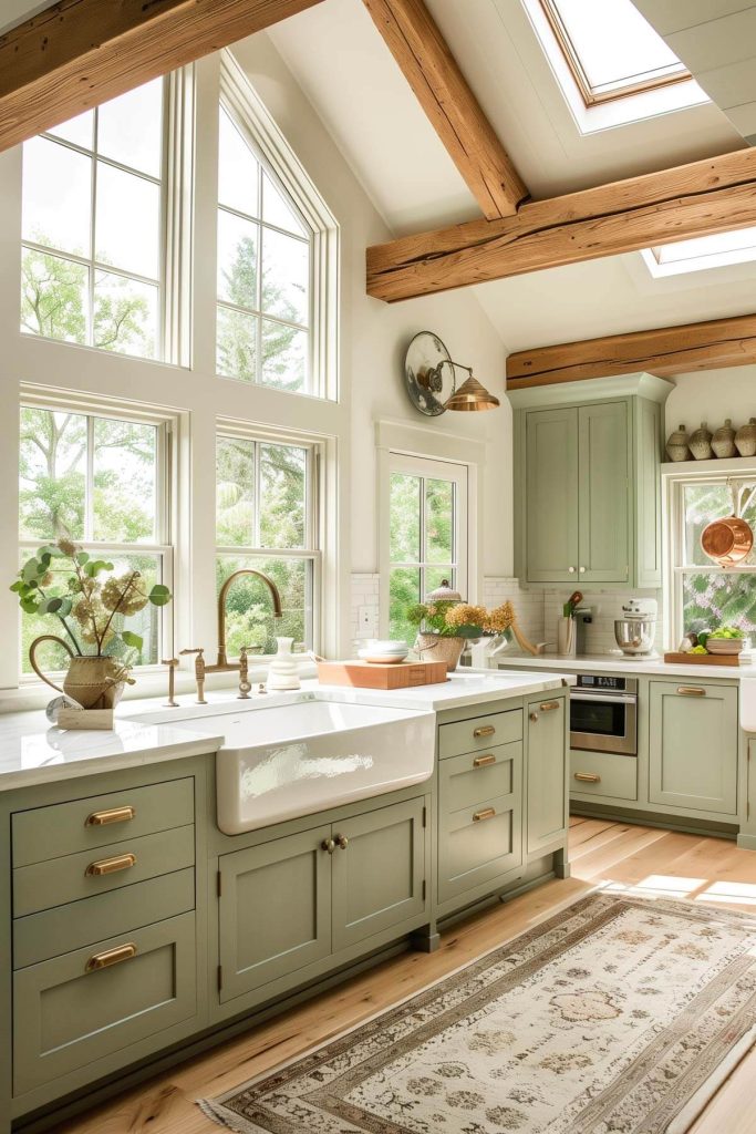 A farmhouse kitchen with sage green cabinets, a farmhouse sink, and natural wood beams.