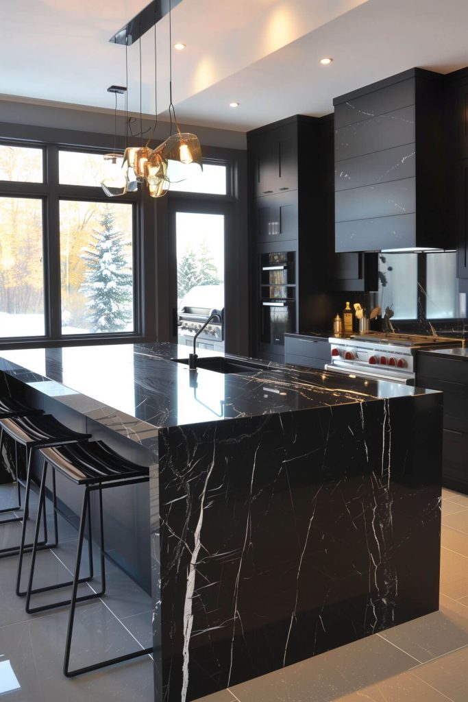 Elegant kitchen with dark marble countertops.
