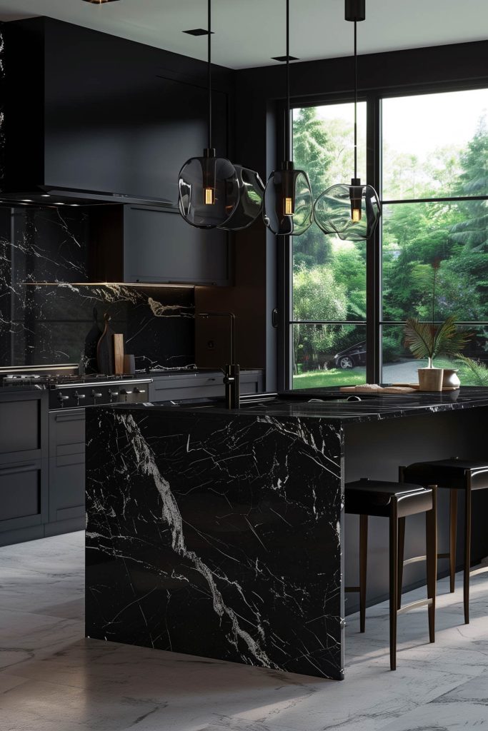 Elegant kitchen with dark marble countertops.