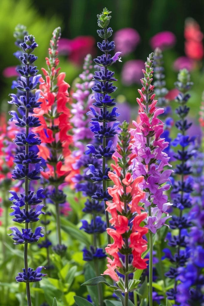 Vibrant spikes of salvia flowers in shades of blue, purple, and pink, blooming in a sunlit garden, attracting hummingbirds and bees.