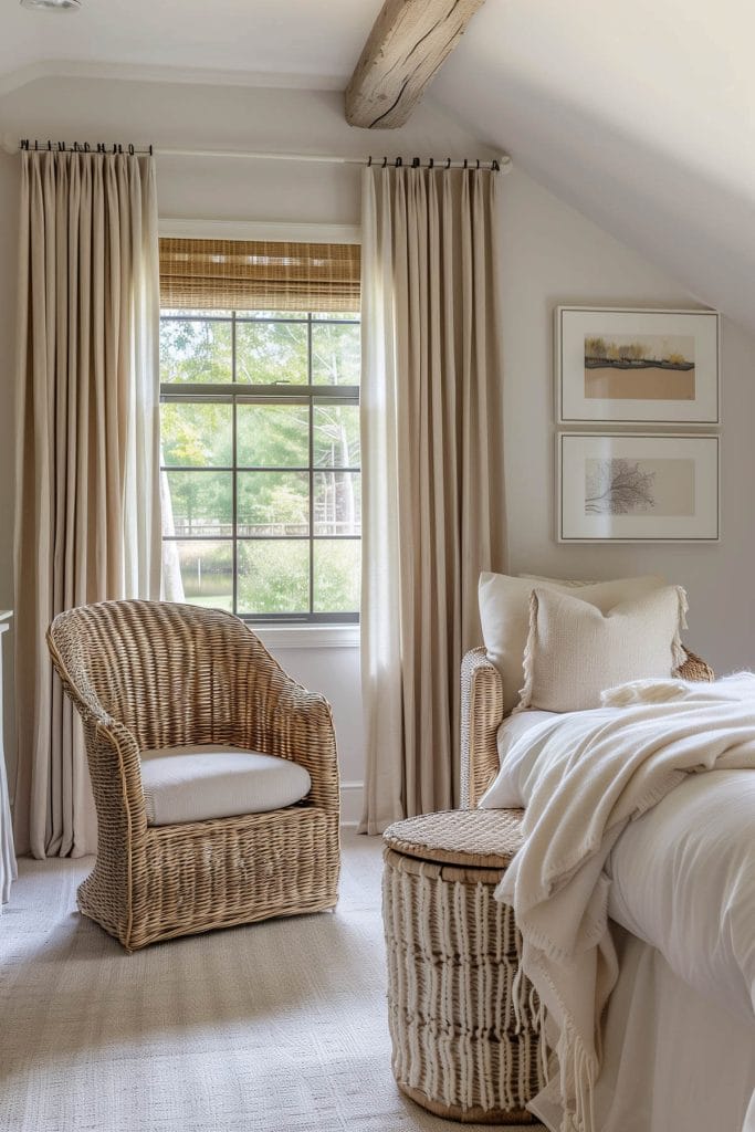 A bedroom featuring wicker chairs and storage pieces for a natural, textured look.