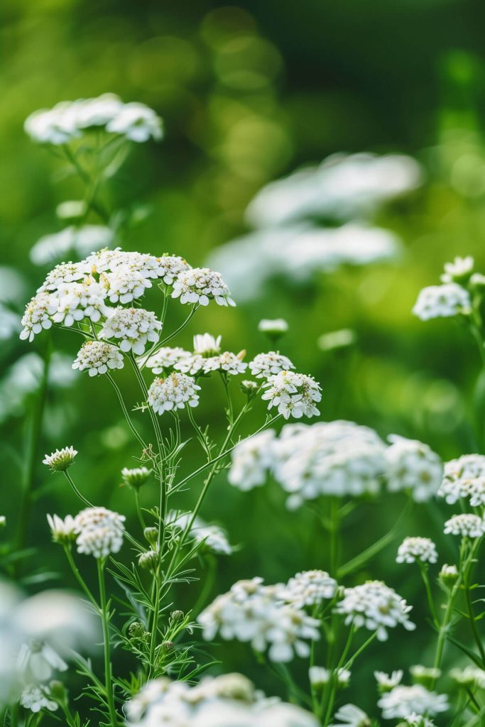 Clusters of small, flat-topped white yarrow flowers against green foliage.