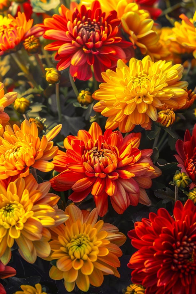 Colorful chrysanthemums in full bloom, with shades from yellow to deep red, set in a sunny garden.