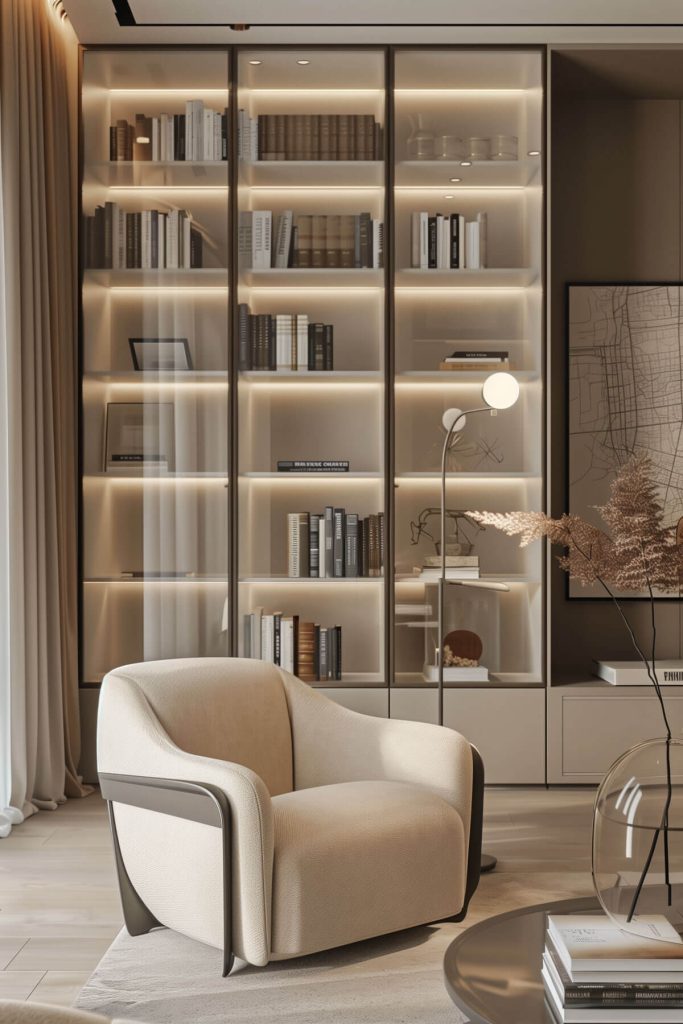 Modern bookcases with glass doors protecting books from dust in a sleek and elegant library setting.