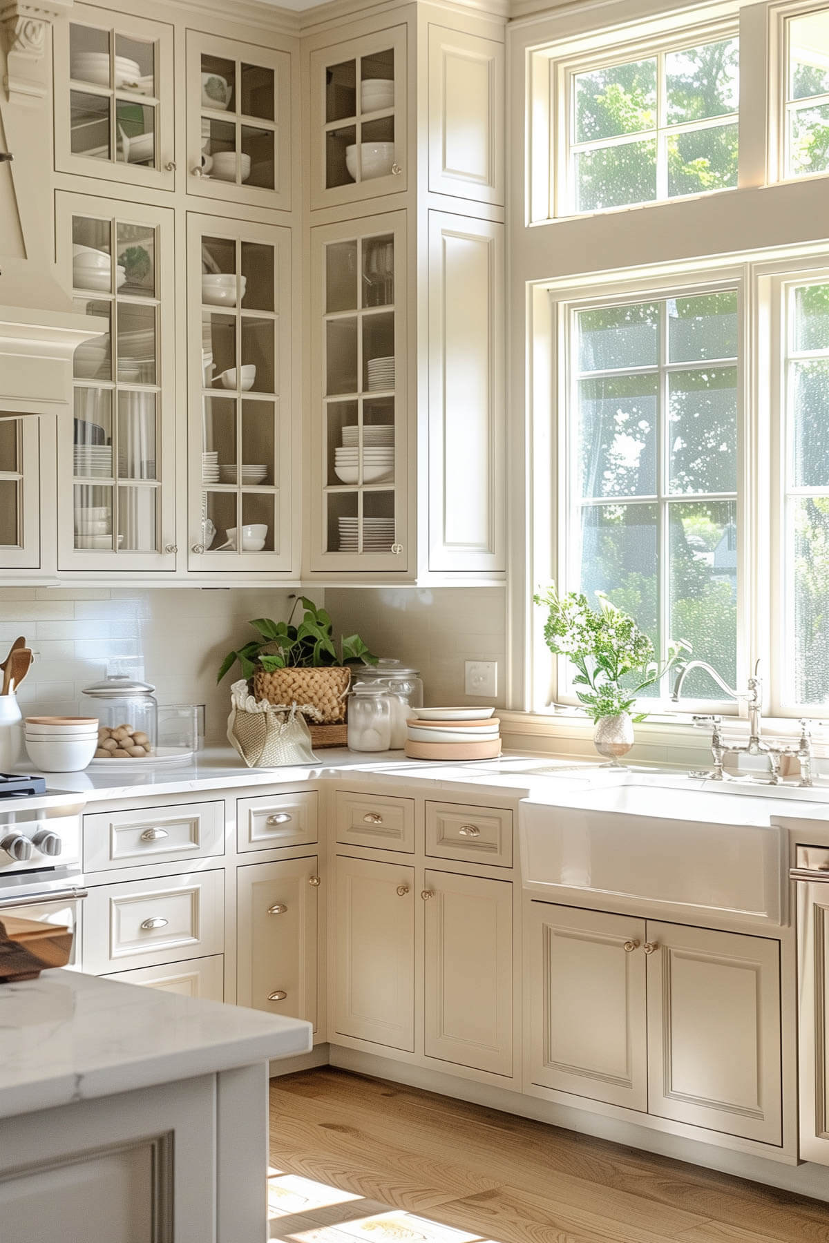 Beige kitchen cabinets with glass fronts, displaying dishes and glassware, adding elegance and a light, open feel to the kitchen.