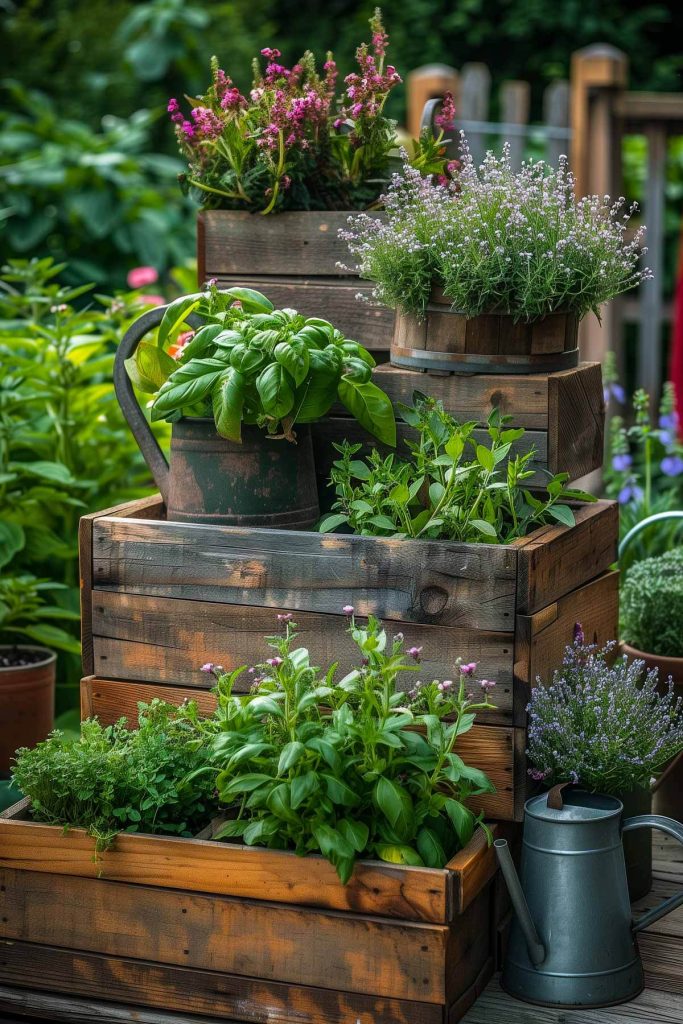 A multi-level herb garden with tiered planters and various herbs.