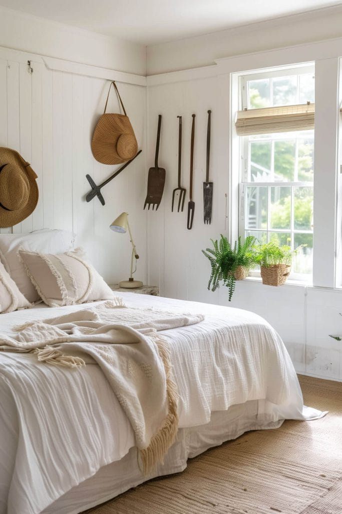 Vintage garden tools hung as wall decor adding a unique, rustic touch to a bedroom.