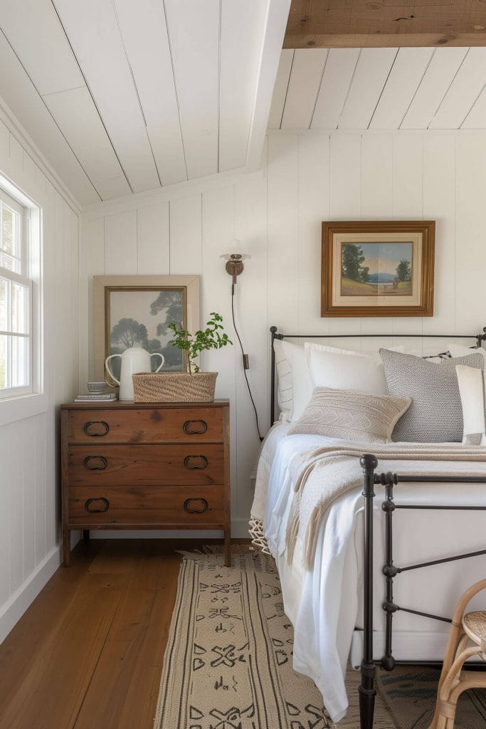 Vintage enamelware used for decor and storage adding a farmhouse vibe to a bedroom.