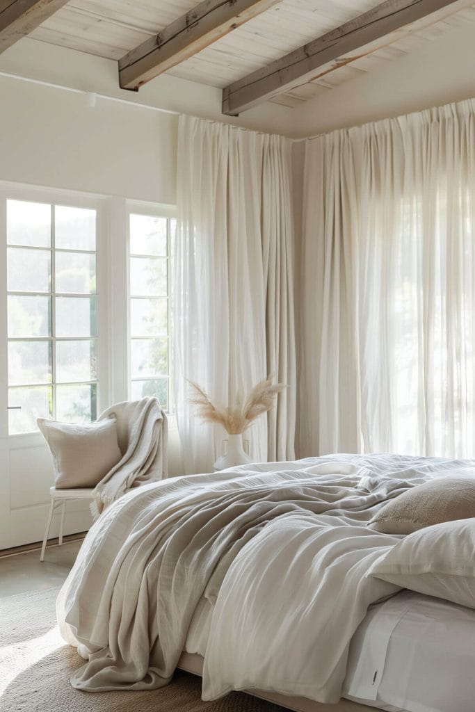 Linen fabrics used for bedding and curtains adding a natural, breathable feel to a bedroom.