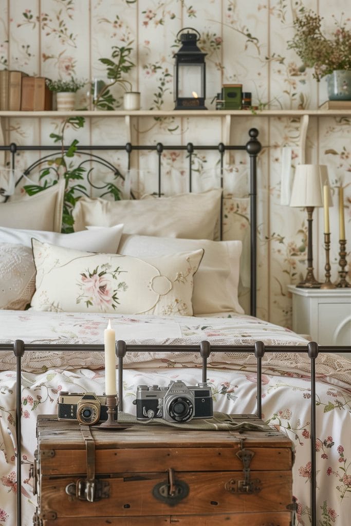 Vintage cameras displayed as decor pieces adding a touch of history to a bedroom.