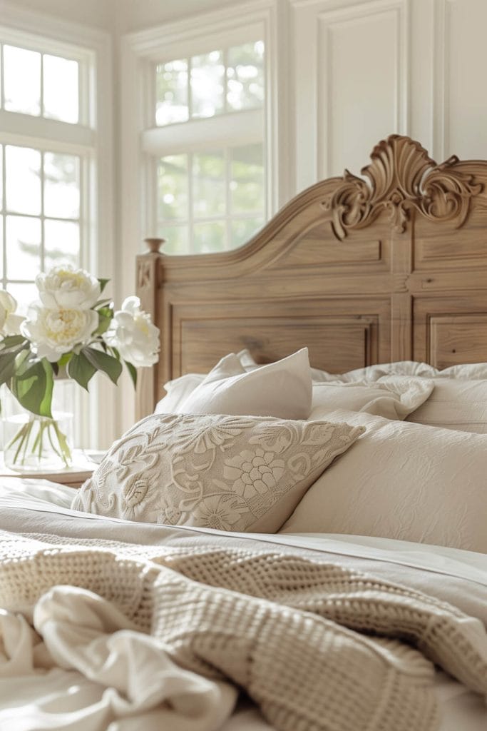 A wooden headboard with carved details providing a classic and timeless look to a bedroom.