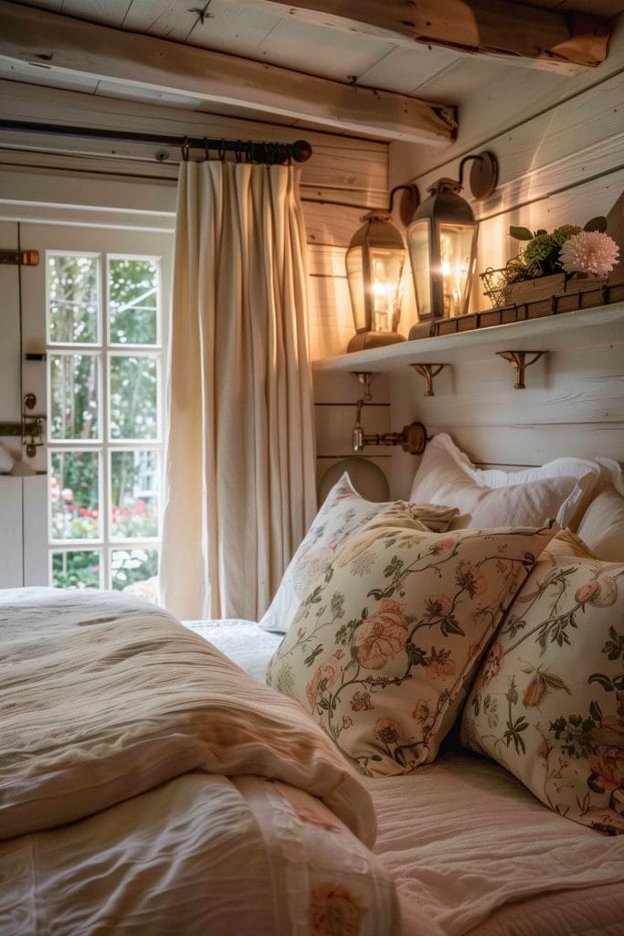 Vintage-style lanterns decorating a bedroom adding a warm, inviting glow.