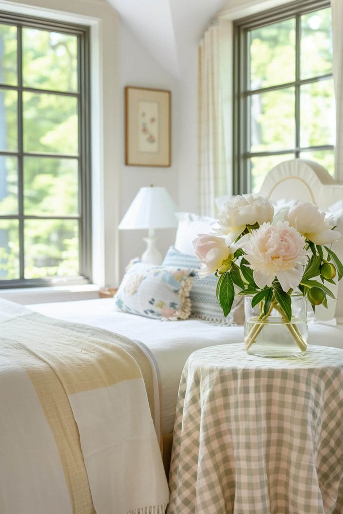 Gingham tablecloths on small tables adding a charming, country touch to a bedroom.