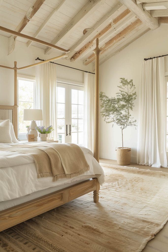 Burlap accents in pillows or table runners adding a rustic and natural feel to a bedroom.