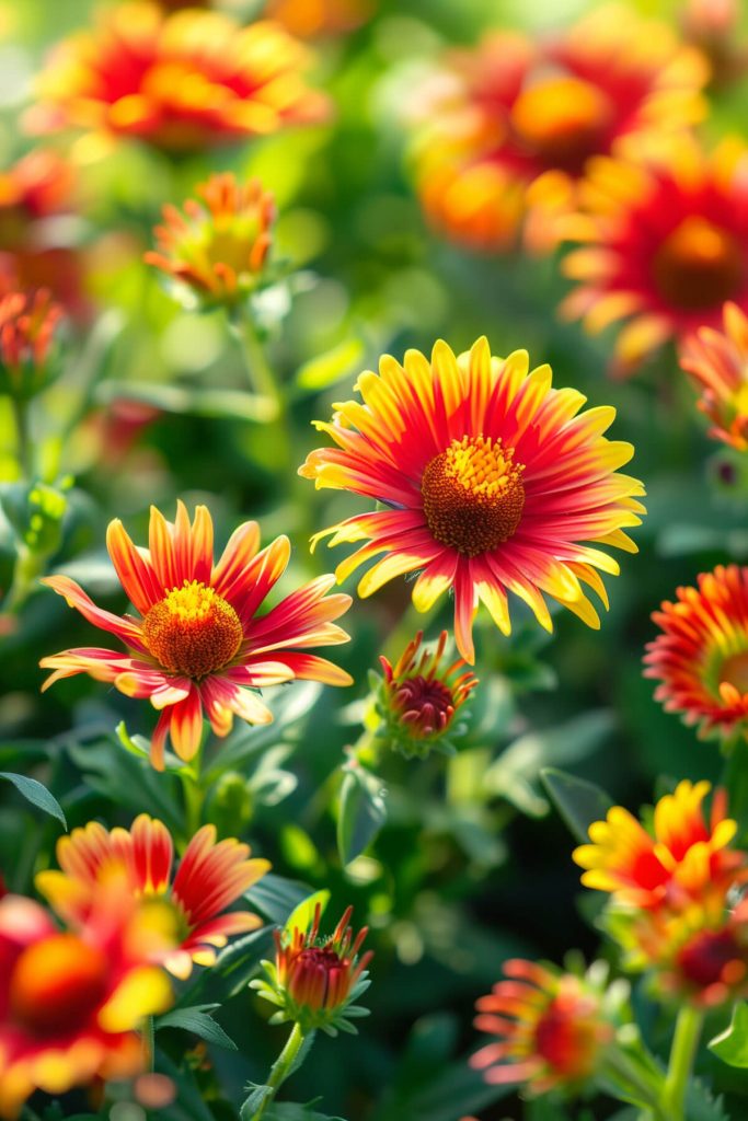 Vibrant blanket flowers with red, yellow, and orange daisy-like petals in a sunny garden.