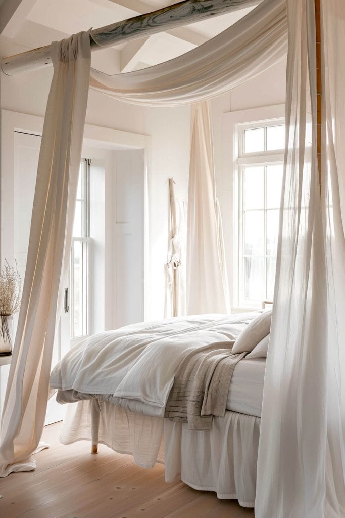 A dreamy bedroom with a canopy bed draped in light, airy fabric.