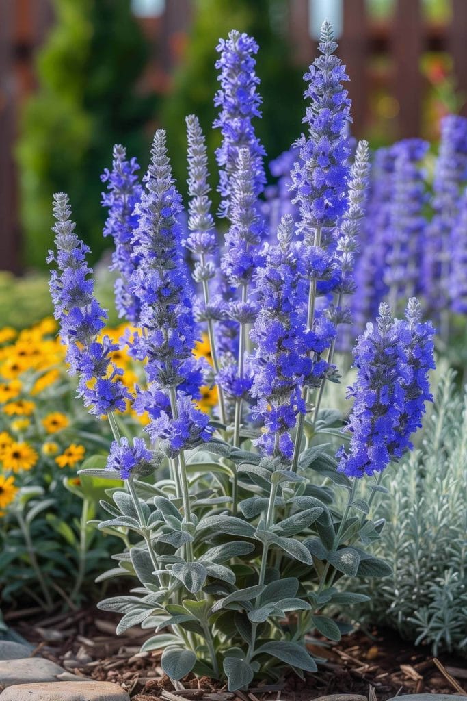 Airy spires of lavender-blue Russian sage flowers with silvery foliage blooming in a sunny, well-drained garden.