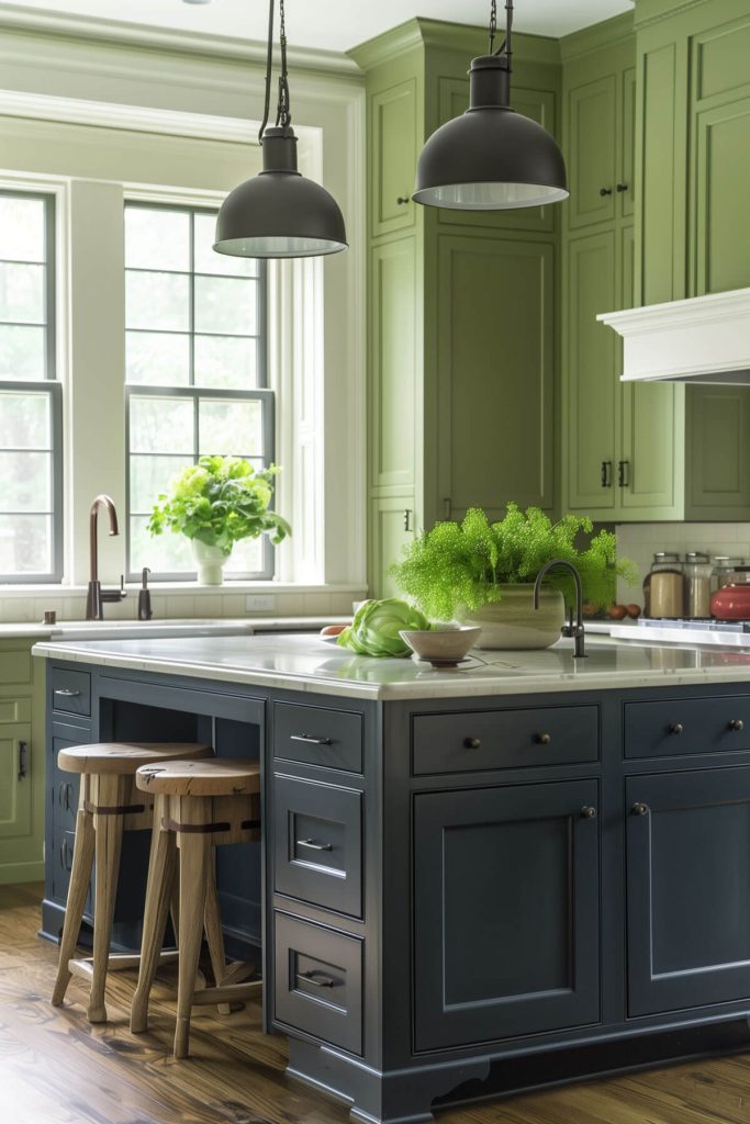 Sage green cabinets surrounding a navy-blue kitchen island in a spacious kitchen.