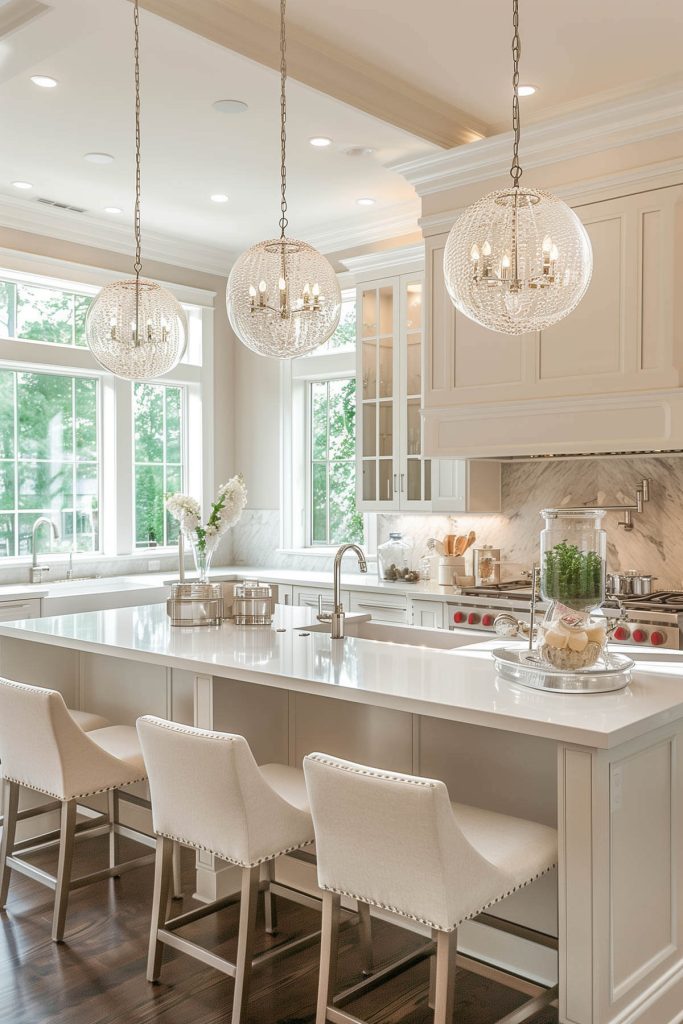 Kitchen featuring statement lighting with unique pendant lights.
