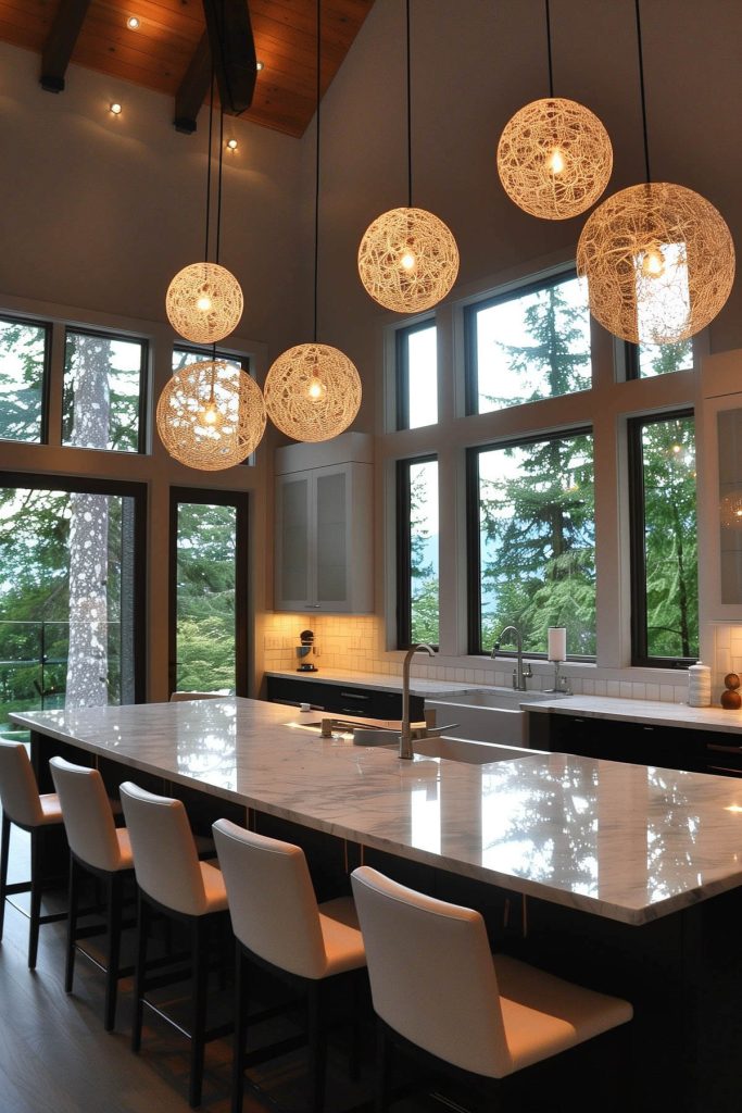 Kitchen featuring statement lighting with unique pendant lights.