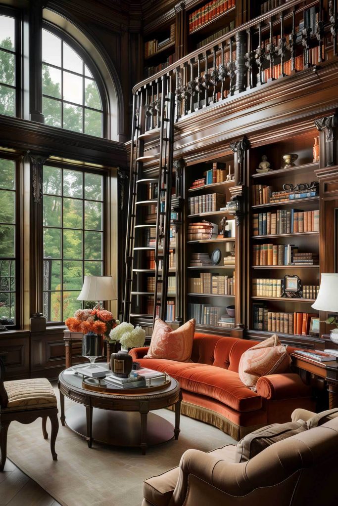 A classic library with high shelves accessed by a rolling ladder and rail system for added functionality and charm.